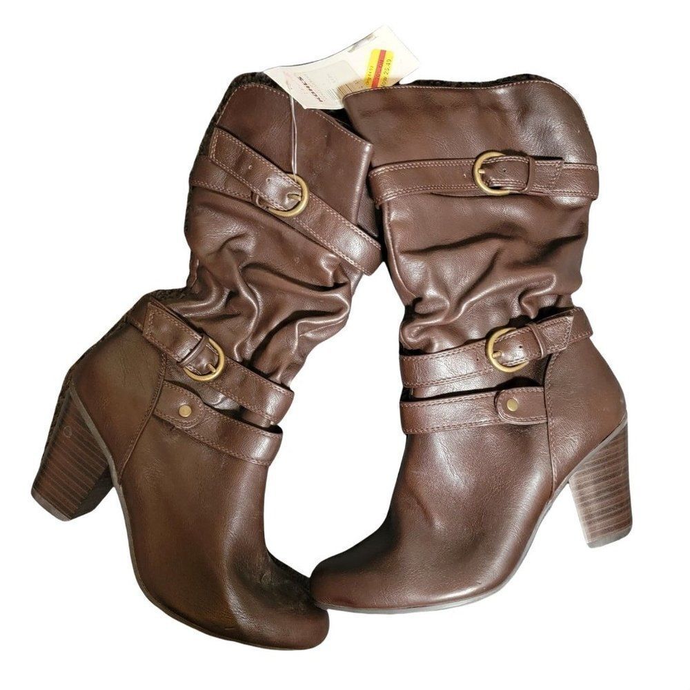 Kohls Womens Brown Leather Buckle Design Side Zip Block Heel Booties Size 8 Med